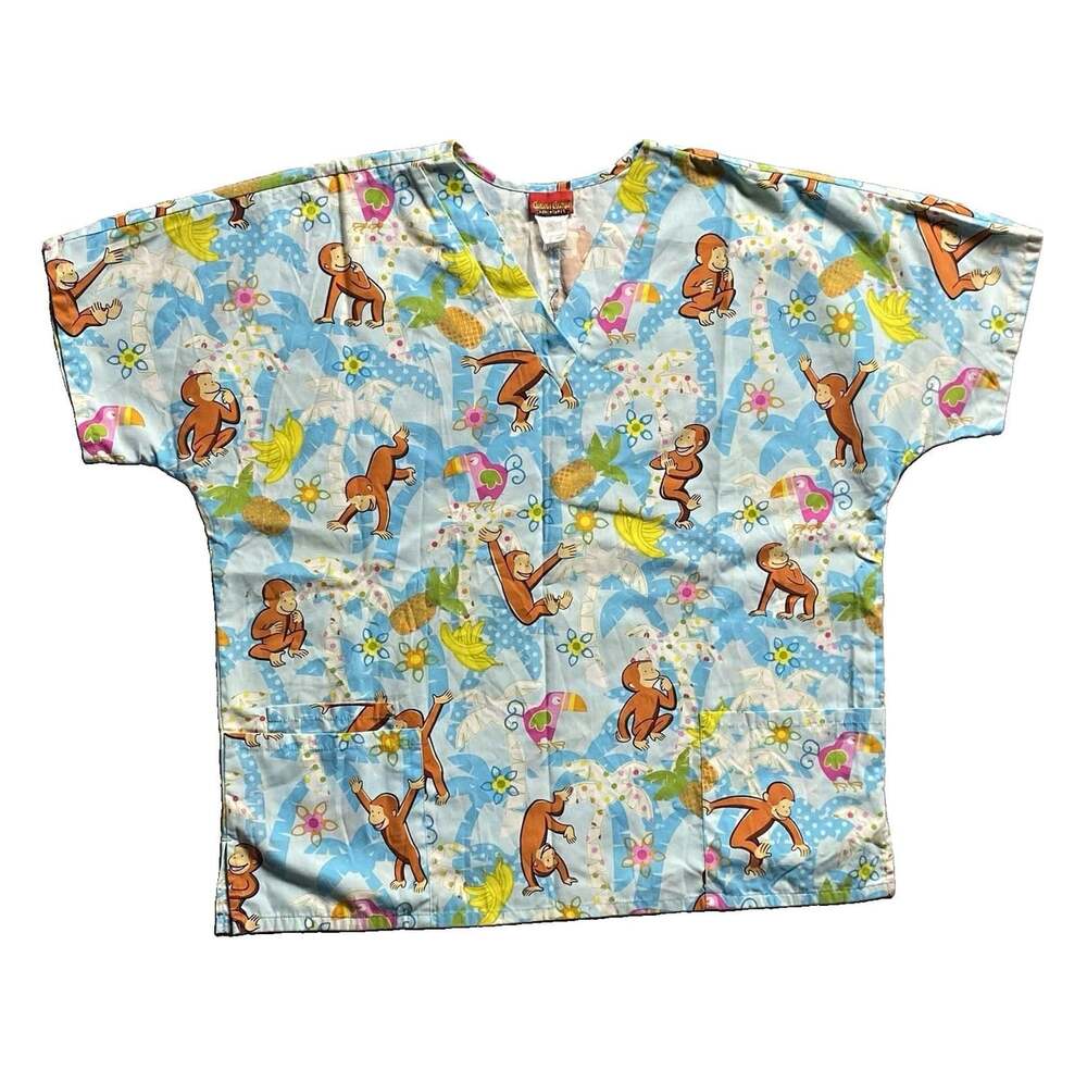 Vintage Curious George Scrub Top Womens XL Adventures Light Blue Medical Uniform